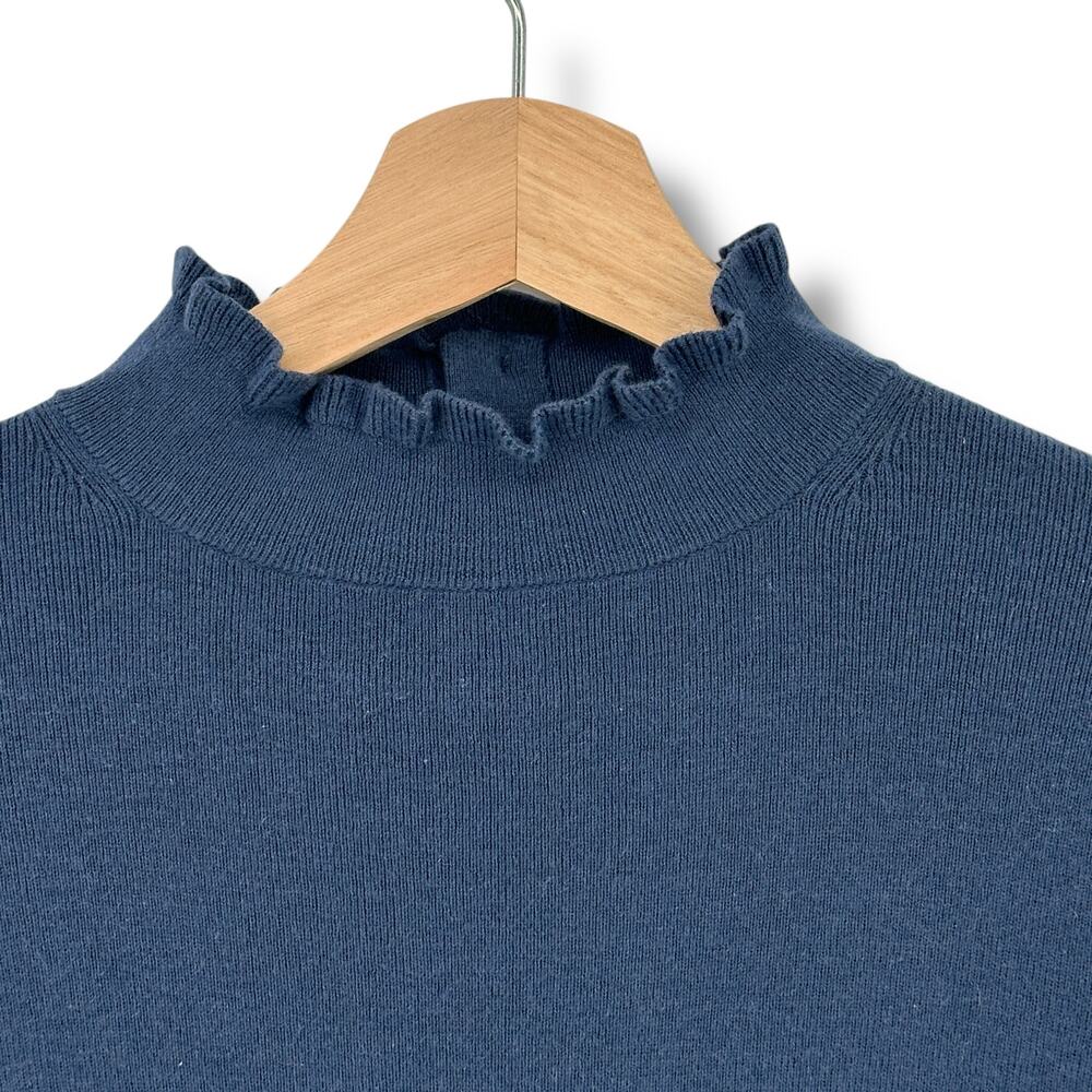Margaret O'Leary Leila Button Cuff Ruffled Mock Neck Sweater Sz S Slate Blue - Picture 2 of 8